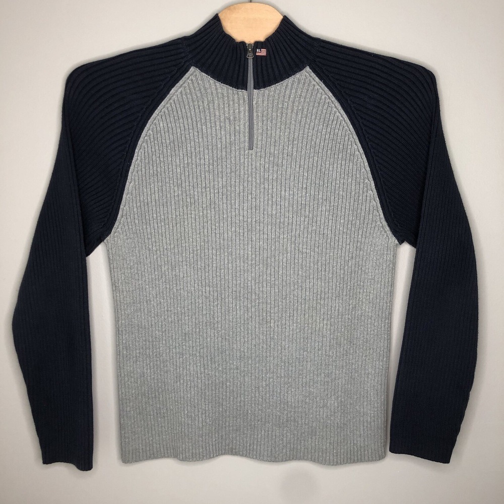 Polo Jeans Co. Ralph Lauren Men's 2XL Gray Blue 1/4 Zip Ribbed Pullover Sweater